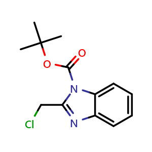 Chemical structure of tert-butyl 2-(chloromethyl)-1H-benzimidazole-1-carboxylate , CAS 163798-87-6, AChemBlock 10631