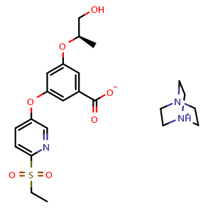 Chemical structure of 1,4-diazabicyclo[2.2.2]octan-1-ium (R)-3-((6-(ethylsulfonyl)pyridin-3-yl)oxy)-5-((1-hydroxypropan-2-yl)oxy)benzoate , CAS 1137917-10-2, AChemBlock A-542