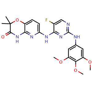 Chemical structure of 6-[5-Fluoro-2-(3,4,5-trimethoxy-phenylamino)-pyrimidin-4-ylamino]-2,2-dimethyl-4H-pyrido[3,2-b][1,4]oxazin-3-one , CAS 841290-80-0, AChemBlock A-624
