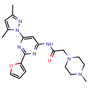 Chemical structure of N-[6-(3,5-Dimethyl-pyrazol-1-yl)-2-furan-2-yl-pyrimidin-4-yl]-2-(4-methyl-piperazin-1-yl)-acetamide , CAS 912940-20-6, AChemBlock A-713
