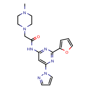 Chemical structure of N-(2-Furan-2-yl-6-pyrazol-1-yl-pyrimidin-4-yl)-2-(4-methyl-piperazin-1-yl)-acetamide , CAS 912935-90-1, AChemBlock A-714