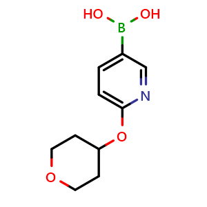 Chemical structure of [6-(oxan-4-yloxy)pyridin-3-yl]boronic acid , CAS 1028745-48-3, AChemBlock AD239113