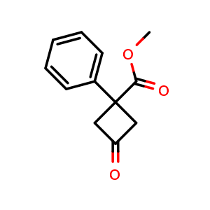 Chemical structure of 3-Oxo-1-phenyl-cyclobutanecarboxylic acid methyl ester , CAS 1035897-59-6, AChemBlock AD239134
