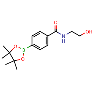 Chemical structure of N-(2-hydroxyethyl)-4-(4,4,5,5-tetramethyl-1,3,2-dioxaborolan-2-yl)benzamide , CAS 1073353-51-1, AChemBlock AD239234