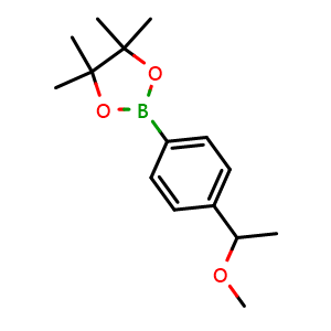 Chemical structure of 2-[4-(1-methoxyethyl)phenyl]-4,4,5,5-tetramethyl-1,3,2-dioxaborolane , CAS 1082066-31-6, AChemBlock AD239253