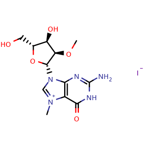 Chemical structure of 2-Amino-9-[(2R,3R,4R,5R)-4-hydroxy-5-(hydroxymethyl)-3-methoxytetrahydrofuran-2-yl]-7-methyl-6-oxo-6,9-dihydro-1H-purin-7-ium Iodide , CAS 1093268-98-4, AChemBlock AD239280