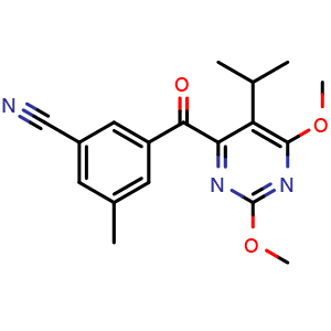 Chemical structure of Benzonitrile, 3-[[2,6-dimethoxy-5-(1-methylethyl)-4-pyrimidinyl]carbonyl]-5-methyl- , CAS 1097628-99-3, AChemBlock AD239293