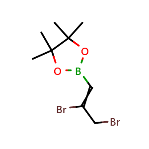 Chemical structure of 2-(2,3-dibromoprop-1-en-1-yl)-4,4,5,5-tetramethyl-1,3,2-dioxaborolane , CAS 1097890-25-9, AChemBlock AD239296