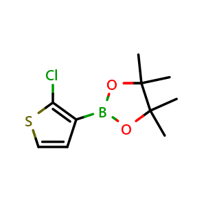 Chemical structure of 2-(2-chlorothiophen-3-yl)-4,4,5,5-tetramethyl-1,3,2-dioxaborolane , CAS 1111096-56-0, AChemBlock AD239311