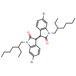 Chemical structure of 6,6'-dibromo-1,1'-bis(2-ethylhexyl)-1H,1'H,2H,2'H-[3,3'-biindolylidene]-2,2'-dione , CAS 1147124-23-9, AChemBlock AD239357