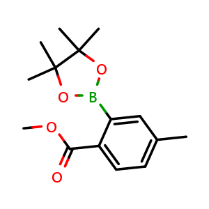 Chemical structure of methyl 4-methyl-2-(4,4,5,5-tetramethyl-1,3,2-dioxaborolan-2-yl)benzoate , CAS 1147351-76-5, AChemBlock AD239358