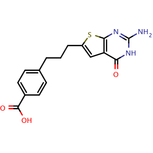 Chemical structure of 4-[3-(2-amino-4-oxo-3H-thieno[2,3-d]pyrimidin-6-yl)propyl]benzoic acid , CAS 1150670-63-5, AChemBlock AD239369