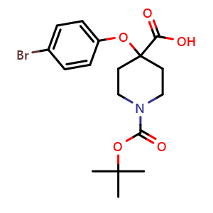 Chemical structure of 4-(4-bromophenoxy)-1-[(tert-butoxy)carbonyl]piperidine-4-carboxylic acid , CAS 1159835-30-9, AChemBlock AD239397