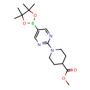 Chemical structure of methyl 1-[5-(4,4,5,5-tetramethyl-1,3,2-dioxaborolan-2-yl)pyrimidin-2-yl]piperidine-4-carboxylate , CAS 1160790-50-0, AChemBlock AD239401