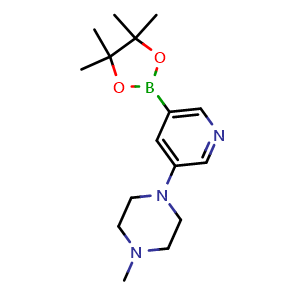 Chemical structure of 1-Methyl-4-[5-(4,4,5,5-tetramethyl-1,3,2-dioxaborolan-2-yl)pyridin-3-yl]piperazine , CAS 1171892-37-7, AChemBlock AD239418