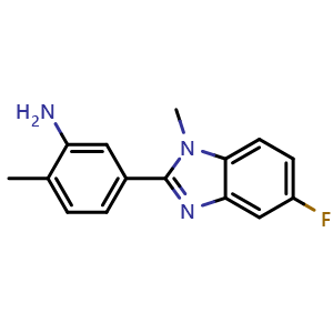 Chemical structure of 5-(5-fluoro-1-methyl-1H-1,3-benzodiazol-2-yl)-2-methylaniline , CAS 1183150-96-0, AChemBlock AD239441