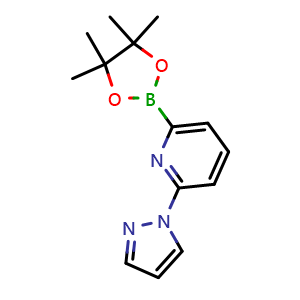 Chemical structure of 2-(1H-pyrazol-1-yl)-6-(4,4,5,5-tetramethyl-1,3,2-dioxaborolan-2-yl)pyridine , CAS 1186115-51-4, AChemBlock AD239446