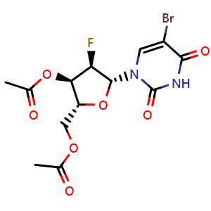 Chemical structure of [(2R,3R,4R,5R)-3-(acetyloxy)-5-(5-bromo-2,4-dioxo-1,2,3,4-tetrahydropyrimidin-1-yl)-4-fluorooxolan-2-yl]methyl acetate , CAS 1188522-91-9, AChemBlock AD239459