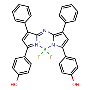 Chemical structure of 4,4'-(5,5-difluoro-1,9-diphenyl-5H-4l4,5l4-dipyrrolo[1,2-c:2',1'-f][1,3,5,2]triazaborinine-3,7-diyl)diphenol , CAS 1195110-34-9, AChemBlock AD239482