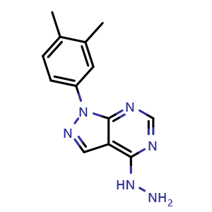 Chemical structure of 1-(3,4-Dimethylphenyl)-4-hydrazinyl-1H-pyrazolo[3,4-d]pyrimidine , CAS 1203045-83-3, AChemBlock AD239513