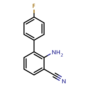 Chemical structure of 2-amino-3-(4-fluorophenyl)benzene-1-carbonitrile , CAS 1214347-90-6, AChemBlock AD239553