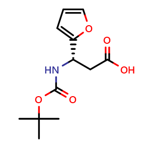 Chemical structure of (S)-3-((tert-Butoxycarbonyl)amino)-3-(furan-2-yl)propanoic acid , CAS 1217736-81-6, AChemBlock AD239578