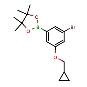 Chemical structure of 2-[3-bromo-5-(cyclopropylmethoxy)phenyl]-4,4,5,5-tetramethyl-1,3,2-dioxaborolane , CAS 1218789-49-1, AChemBlock AD239584