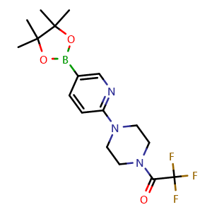 Chemical structure of 2,2,2-trifluoro-1-(4-(5-(4,4,5,5-tetramethyl-1,3,2-dioxaborolan-2-yl)pyridin-2-yl)piperazin-1-yl)ethanone , CAS 1218789-87-7, AChemBlock AD239590