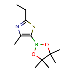 Chemical structure of 2-ethyl-4-methyl-5-(4,4,5,5-tetramethyl-1,3,2-dioxaborolan-2-yl)thiazole , CAS 1218789-94-6, AChemBlock AD239591