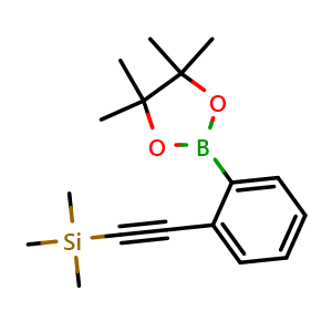 Chemical structure of 1,3,2-Dioxaborolane, 4,4,5,5-tetramethyl-2-[2-[2-(trimethylsilyl)ethynyl]phenyl]- , CAS 1218790-52-3, AChemBlock AD239594