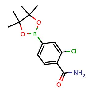 Chemical structure of 2-chloro-4-(4,4,5,5-tetramethyl-1,3,2-dioxaborolan-2-yl)benzamide , CAS 1218791-12-8, AChemBlock AD239598