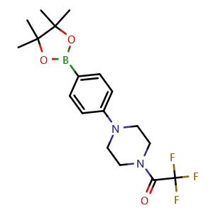 Chemical structure of 2,2,2-trifluoro-1-(4-(4-(4,4,5,5-tetramethyl-1,3,2-dioxaborolan-2-yl)phenyl)piperazin-1-yl)ethanone , CAS 1218791-39-9, AChemBlock AD239601