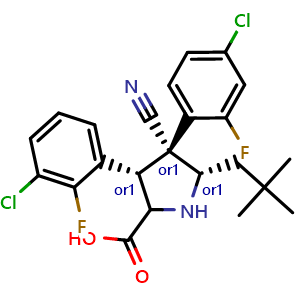 Chemical structure of (3S,4R,5S)-rel-3-(3-Chloro-2-fluorophenyl)-4-(4-chloro-2-fluorophenyl)-4-cyano-5-neopentylpyrrolidine-2-carboxylic acid , CAS 1219086-89-1, AChemBlock AD239605