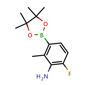 Chemical structure of 6-fluoro-2-methyl-3-(4,4,5,5-tetramethyl-1,3,2-dioxaborolan-2-yl)aniline , CAS 1227210-37-8, AChemBlock AD239636
