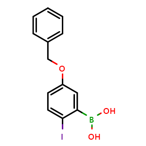 Chemical structure of 2-Iodo-5-(phenylmethoxy)phenylboronic acid , CAS 1227633-14-8, AChemBlock AD239640