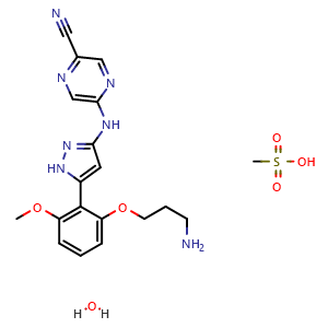 Chemical structure of 5-((5-(2-(3-Aminopropoxy)-6-methoxyphenyl)-1H-pyrazol-3-yl)amino)pyrazine-2-carbonitrile methanesulfonate hydrate , CAS 1234015-57-6, AChemBlock AD239651