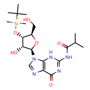 Chemical structure of N-{9-[(2R,3R,4S,5R)-4-[(tert-butyldimethylsilyl)oxy]-3-hydroxy-5-(hydroxymethyl)oxolan-2-yl]-6-oxo-6,9-dihydro-3H-purin-2-yl}-2-methylpropanamide , CAS 1237684-87-5, AChemBlock AD239667