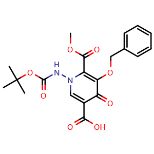 Chemical structure of 5-(benzyloxy)-6-(methoxycarbonyl)-1-({[(2-methylprop-2-yl)oxy]carbonyl}amino)-4-oxopyridine-3-carboxylic acid , CAS 1246616-90-9, AChemBlock AD239687