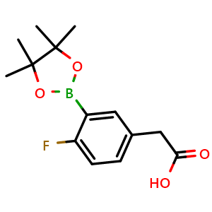 Chemical structure of 2-[4-fluoro-3-(4,4,5,5-tetramethyl-1,3,2-dioxaborolan-2-yl)phenyl]acetic acid , CAS 1255945-85-7, AChemBlock AD239715
