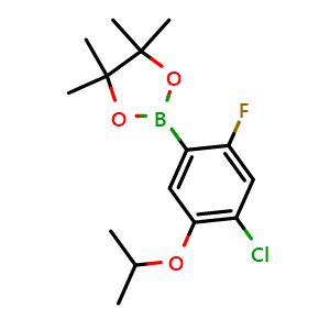 Chemical structure of 2-(4-chloro-2-fluoro-5-isopropoxy-phenyl)-4,4,5,5-tetramethyl-1,3,2-dioxaborolane , CAS 1256360-16-3, AChemBlock AD239738