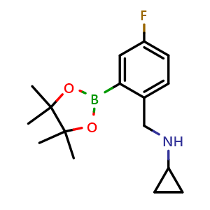 Chemical structure of N-(4-fluoro-2-(4,4,5,5-tetramethyl-1,3,2-dioxaborolan-2-yl)benzyl)cyclopropanamine , CAS 1256360-58-3, AChemBlock AD239743