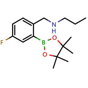 Chemical structure of N-(4-fluoro-2-(4,4,5,5-tetramethyl-1,3,2-dioxaborolan-2-yl)benzyl)propan-1-amine , CAS 1256360-59-4, AChemBlock AD239744