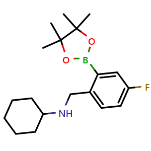 Chemical structure of N-(4-fluoro-2-(4,4,5,5-tetramethyl-1,3,2-dioxaborolan-2-yl)benzyl)cyclohexanamine , CAS 1256360-60-7, AChemBlock AD239745