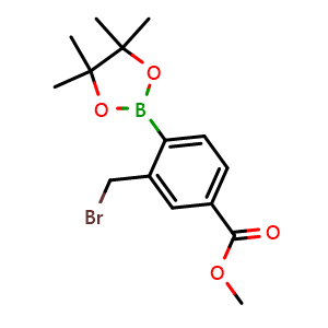 Chemical structure of methyl 3-(bromomethyl)-4-(4,4,5,5-tetramethyl-1,3,2-dioxaborolan-2-yl)benzoate , CAS 1256388-92-7, AChemBlock AD239747
