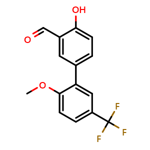 Chemical structure of 4-Hydroxy-2'-methoxy-5'-(trifluoromethyl)-[1,1'-biphenyl]-3-carbaldehyde , CAS 1261953-85-8, AChemBlock AD239808