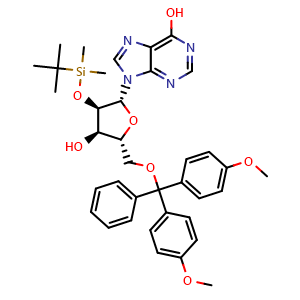 Chemical structure of 5'-O-(4,4'-dimethoxytrityl)-2'-O-(t-butyl-dimethylsilyl)-Inosine , CAS 127212-34-4, AChemBlock AD239834