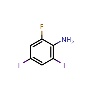 Chemical structure of 2-fluoro-4,6-diiodoaniline , CAS 1301739-25-2, AChemBlock AD239875