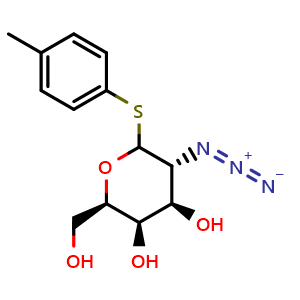 Chemical structure of (2R,3R,4R,5R)-5-Azido-2-(hydroxymethyl)-6-(p-tolylthio)tetrahydro-2H-pyran-3,4-diol , CAS 1310050-34-0, AChemBlock AD239889
