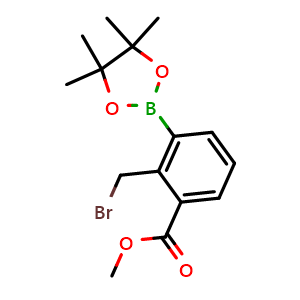 Chemical structure of Methyl 2-(bromomethyl)-3-(4,4,5,5-tetramethyl-1,3,2-dioxaborolan-2-yl)benzoate , CAS 1333222-42-6, AChemBlock AD239954