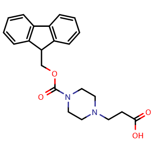 Chemical structure of 3-(4-(((9h-Fluoren-9-yl)methoxy)carbonyl)piperazin-1-yl)propanoic acid , CAS 1339485-97-0, AChemBlock AD239969